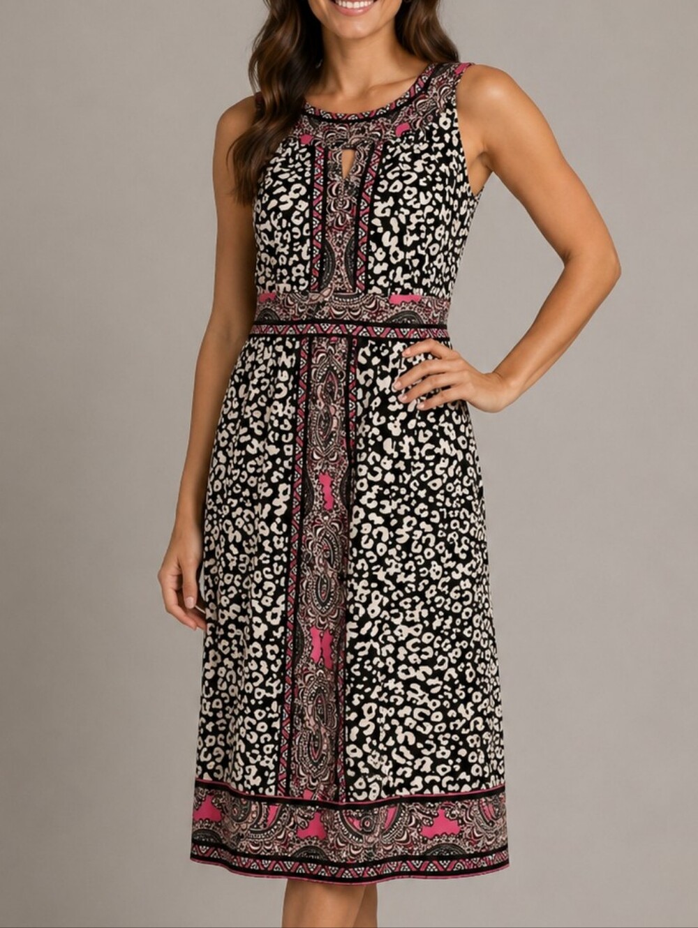 INC International Concepts Sleeveless Black & Bright Pink Printed Halter Dress M